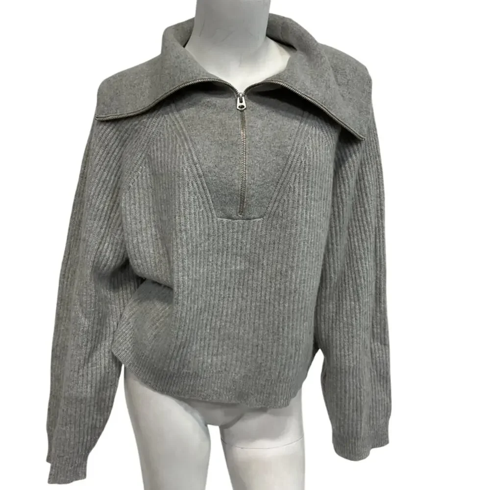 J.Crew Ribbed Heather Grey Wide Collar Half Zip Sweater Size XXL